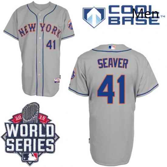 Mens Majestic New York Mets 41 Tom Seaver Replica Grey Road Cool Base 2015 World Series MLB Jersey
